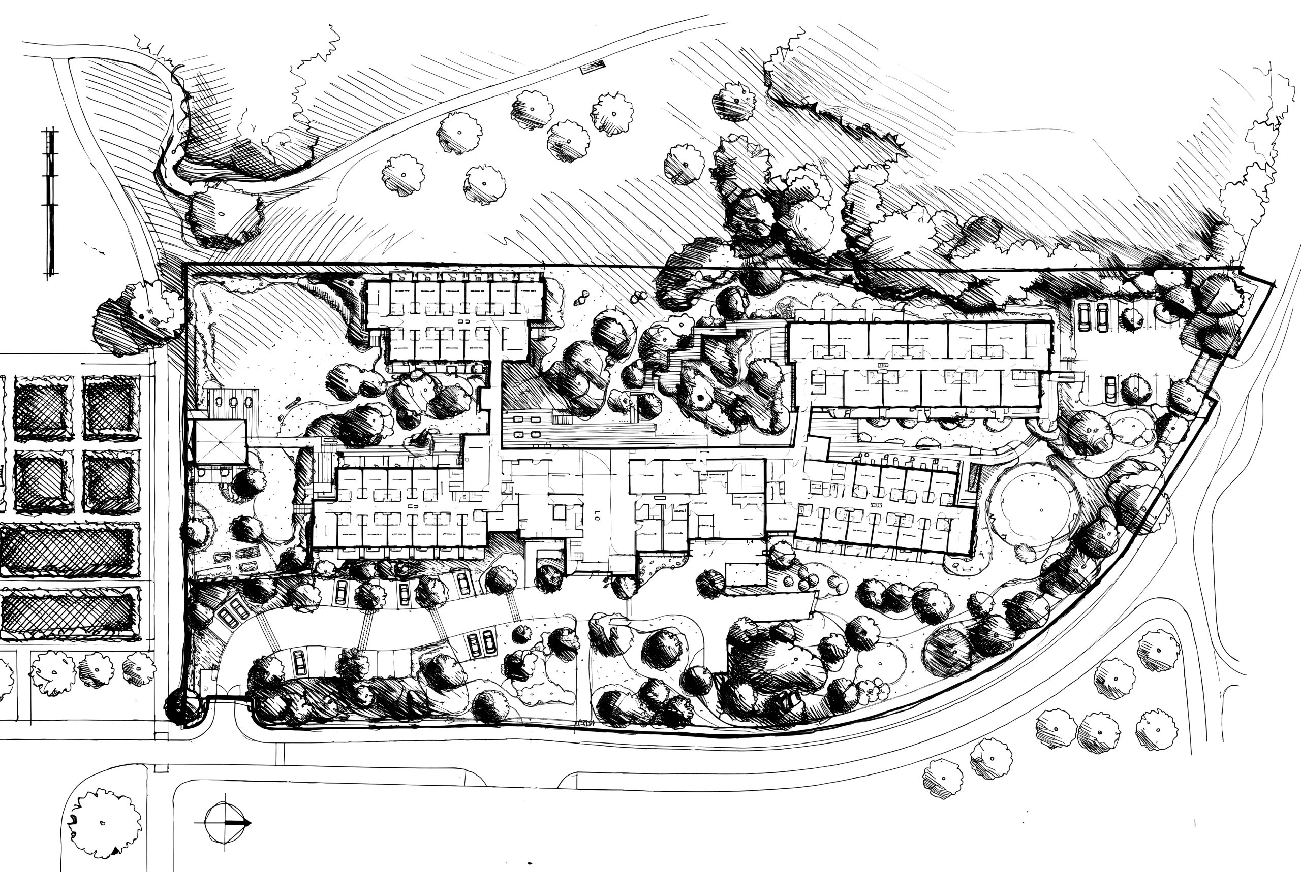 Black and white plan of Mindenhurst landscape garden design